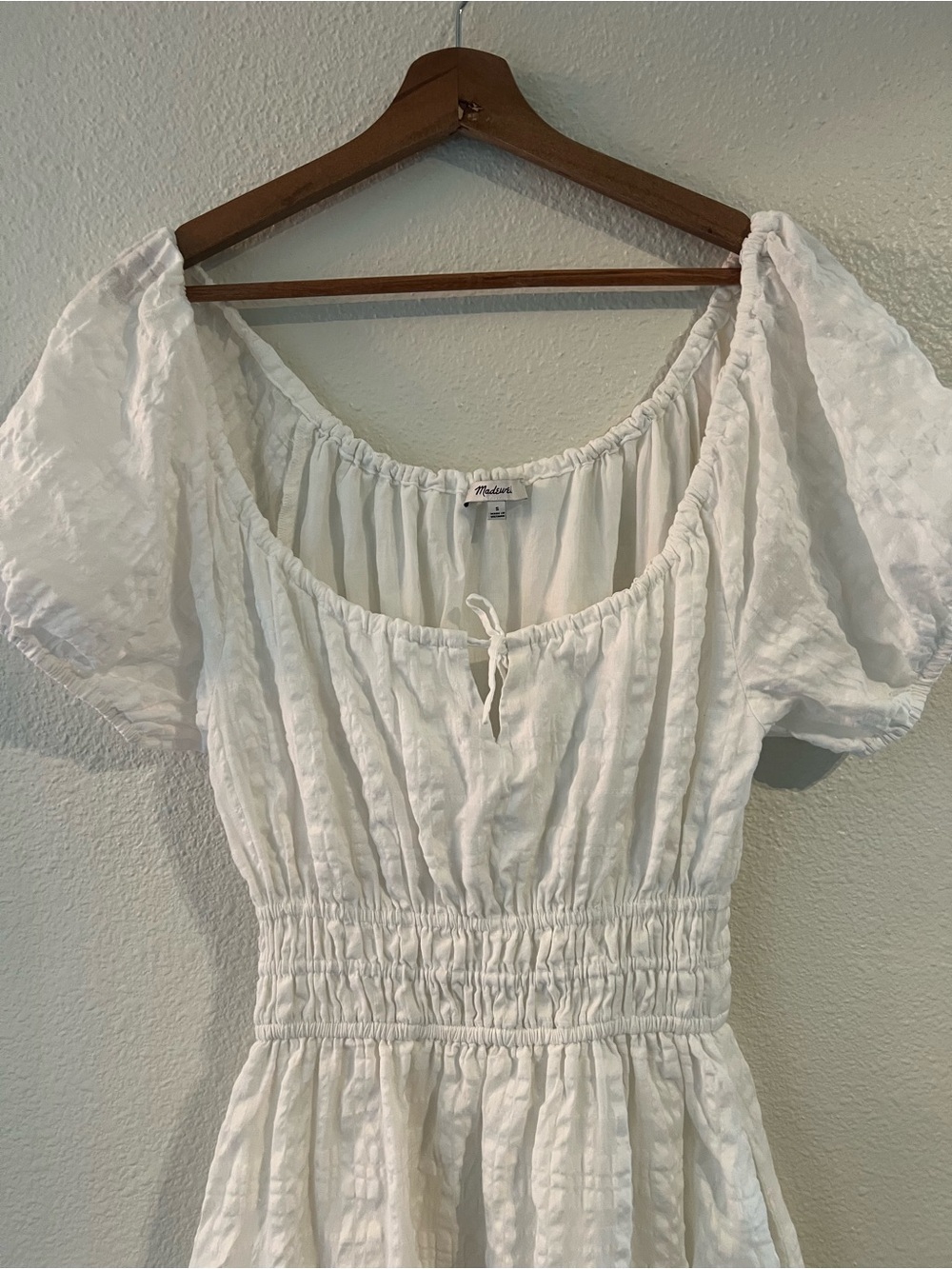 Madewell White Textured Midi Dress with Puff Sleeves - Picture 5 of 11